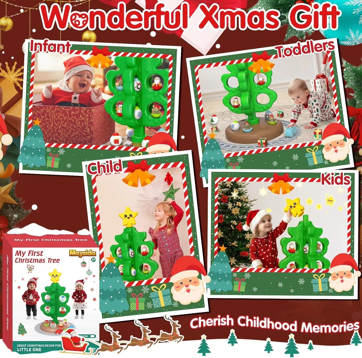 Kids Christmas Tree Toy Train Set 3D Printed Christmas Tree Ornaments Holiday Party Decorations Gifts for Toddler Boys Girls
