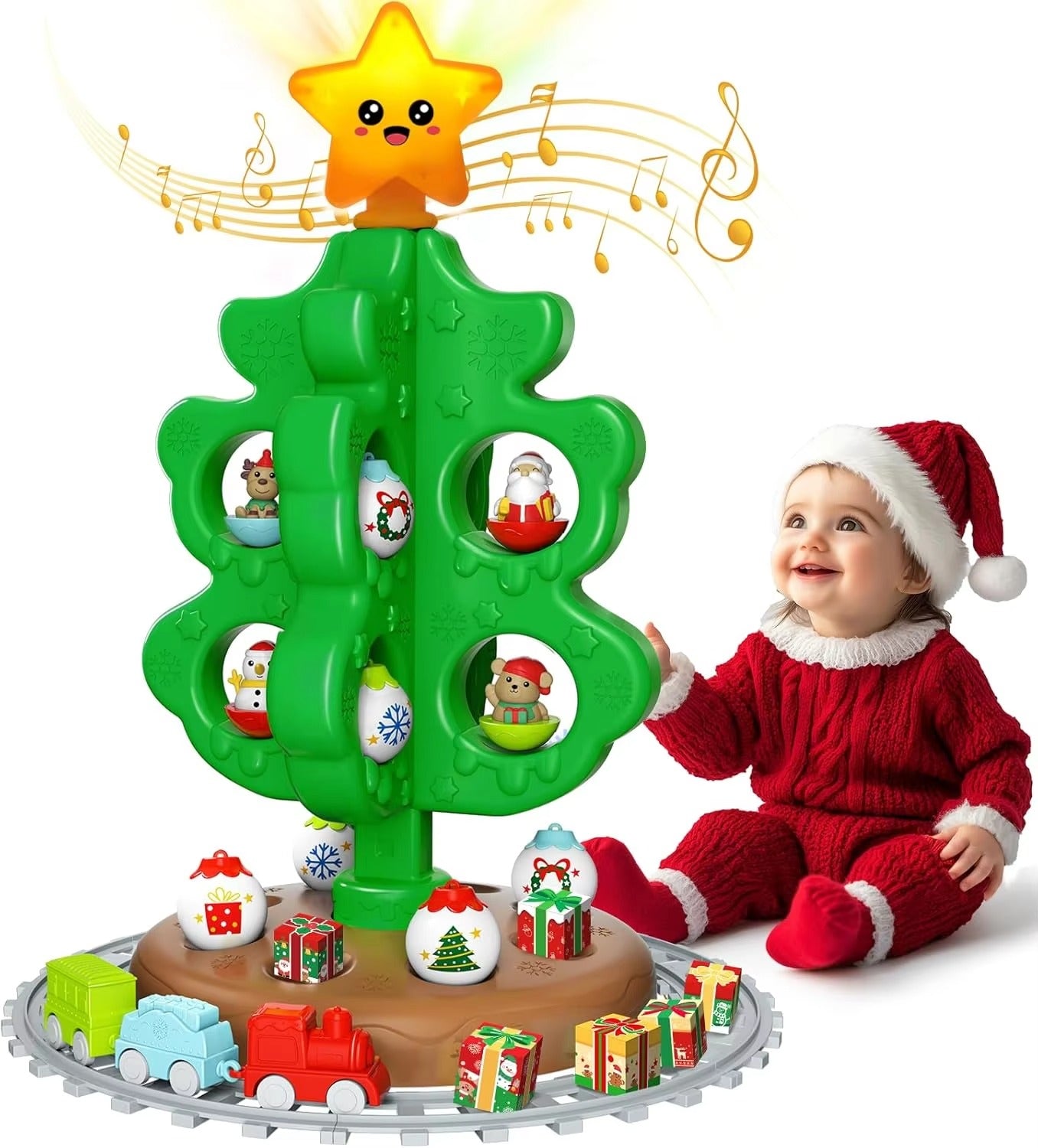 Kids Christmas Tree Toy Train Set 3D Printed Christmas Tree Ornaments Holiday Party Decorations Gifts for Toddler Boys Girls