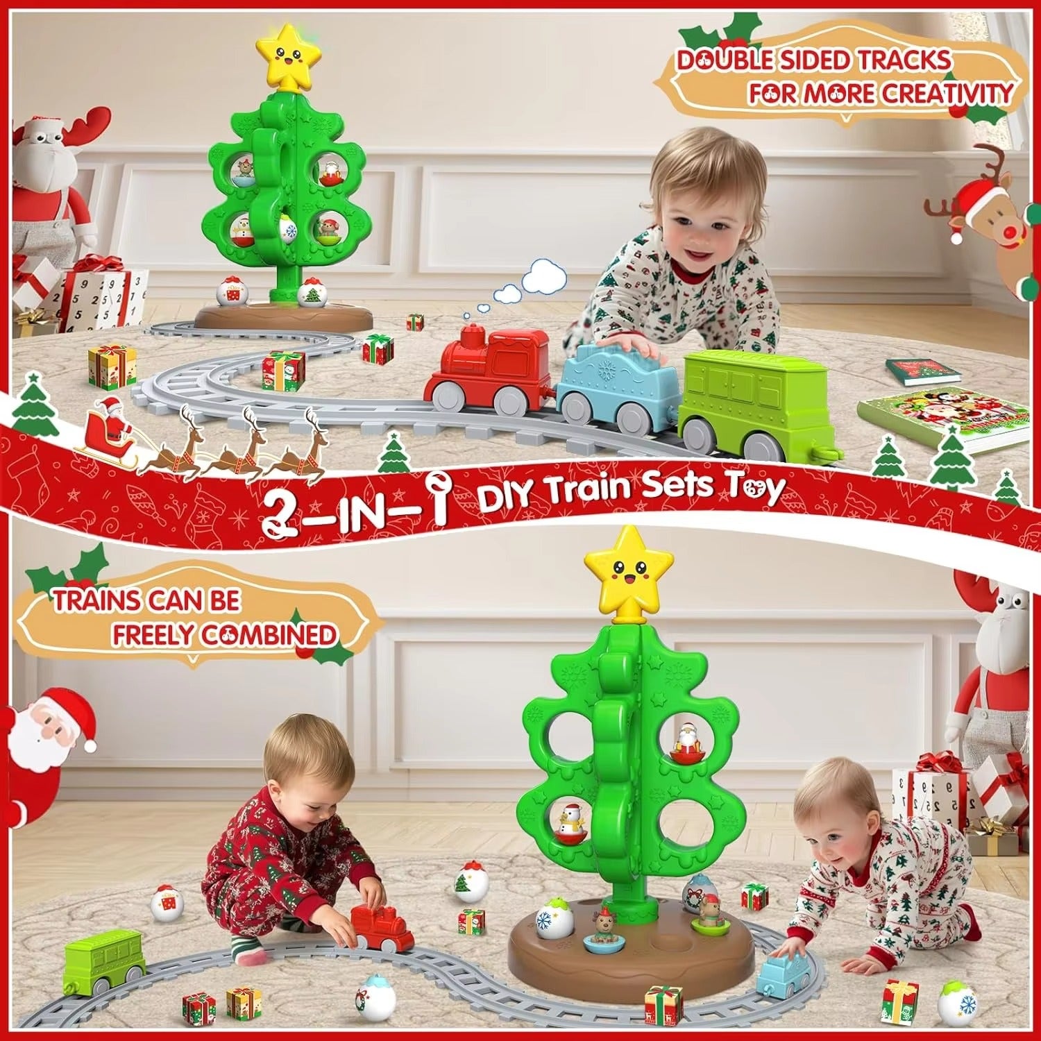Kids Christmas Tree Toy Train Set 3D Printed Christmas Tree Ornaments Holiday Party Decorations Gifts for Toddler Boys Girls